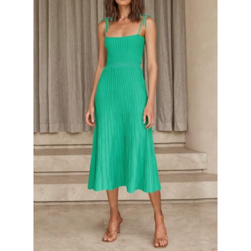 ARTFREE Womens Ribbed Knit Summer Maxi Dresses Tie Straps Square Neck Party Long Dress Green L