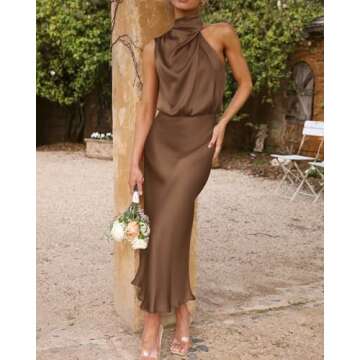 BTFBM Women's Sleeveless Cocktail Dresses Mock Neck Keyhole Elastic High Waist Wedding Guest Evening Party Maxi Dress(Solid Khaki, X-Large)