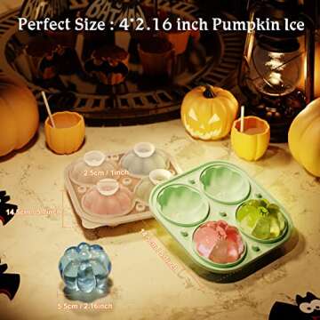 Pumpkin Ice Cube Tray with Lid 2 Pack, Silicone Ice Cube Maker 2.2 Inch 3D Pumpkin, Ice Cube Molds (Orange & Green)
