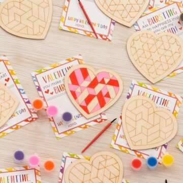 Valentines Day Gifts for Kids - 28 PCS Valentines Cards School with Art Supplies - Heart Mosaic Barn Quilt Painting Craft Kits - for Classroom Kids Boys Girls Gifts Exchanges - Valentines Party Favors