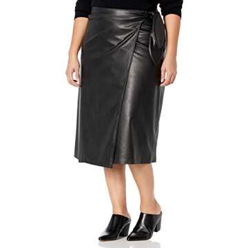 The Drop Women's Manon Faux Leather Wrap OR button front Midi Skirt, Black, S