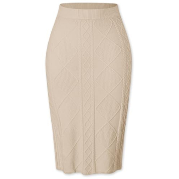 SANGTREE Women's High Waist Basic Plain Stretchy Cable Knit Bodycon Pencil Midi Skirt in Khaki, Medi...
