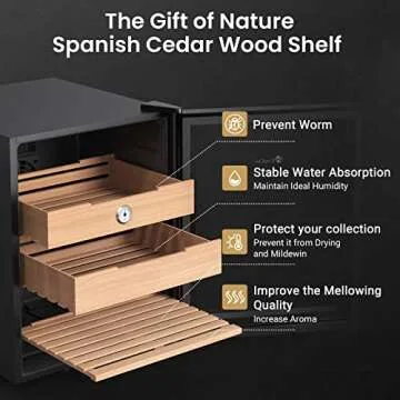 KingChii 48L Electric Cigar Humidors, Temperature Control Cabinet with Spanish Cedar Wood Shelves & Drawer Hygrometer Gifts for Men (350 Counts Capacity)