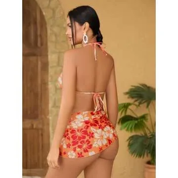 MakeMeChic Women's 3 Piece Bikini Set - Halter Tie Back High Cut Swimsuit with Cover Up