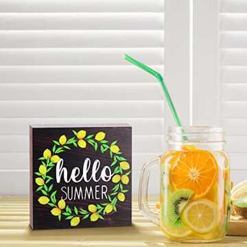 Jetec Hello Summer Wooden Sign Lemon Wreath Sign Summer Wood Farmhouse Sign for Home, Kitchen Room Rustic Decoration