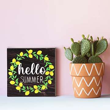 Jetec Hello Summer Wooden Sign Lemon Wreath Sign Summer Wood Farmhouse Sign for Home, Kitchen Room Rustic Decoration