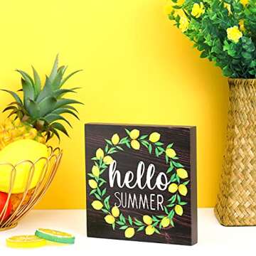 Jetec Hello Summer Wooden Sign Lemon Wreath Sign Summer Wood Farmhouse Sign for Home, Kitchen Room Rustic Decoration