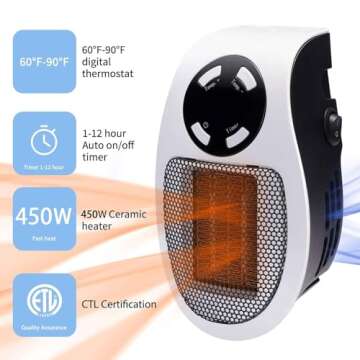 Compact 450W Electric Space Heater with Adjustable Thermostat