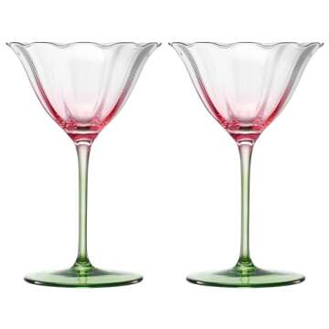 Khen Blossom Pink Tulip Flower Martini & Champagne Coupe Glasses | 2 Set | 6oz Hand Blown Colored Cr...