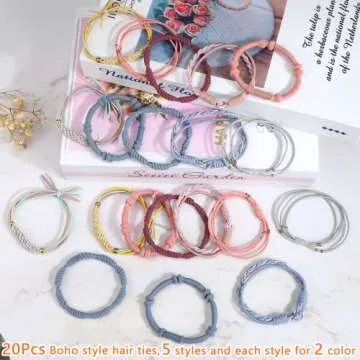 BSRESIN Boho Hair Tie Bracelet for Women, 20 Pcs No Damage Hair Ties for Girls, 5 Styles Cute Hair Ties Bracelets for Thick Hair/Pony Tails