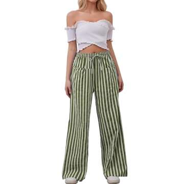 AIHUKOCY Women Drawstring Stripe Wide Leg Casual Trousers Striped Low Rise Casual Loose Lounge Pants with Pockets Army Green