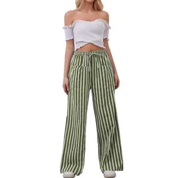 AIHUKOCY Women Drawstring Stripe Wide Leg Casual Trousers Striped Low Rise Casual Loose Lounge Pants with Pockets Army Green