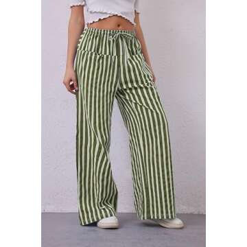 AIHUKOCY Women Drawstring Stripe Wide Leg Casual Trousers Striped Low Rise Casual Loose Lounge Pants with Pockets Army Green