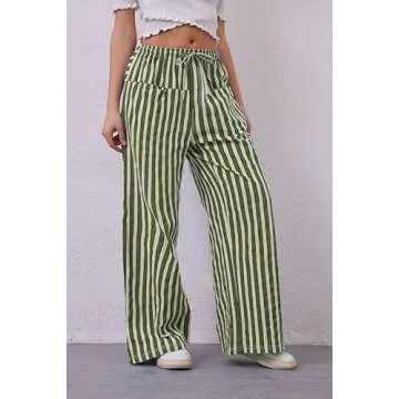 AIHUKOCY Women Drawstring Stripe Wide Leg Casual Trousers Striped Low Rise Casual Loose Lounge Pants with Pockets Army Green