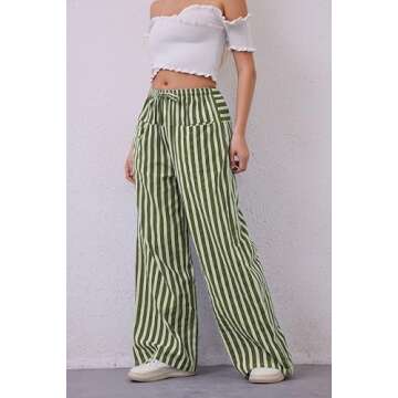 AIHUKOCY Women Drawstring Stripe Wide Leg Casual Trousers Striped Low Rise Casual Loose Lounge Pants with Pockets Army Green