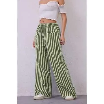 AIHUKOCY Women Drawstring Stripe Wide Leg Casual Trousers Striped Low Rise Casual Loose Lounge Pants with Pockets Army Green