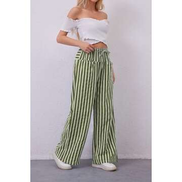 AIHUKOCY Women Drawstring Stripe Wide Leg Casual Trousers Striped Low Rise Casual Loose Lounge Pants with Pockets Army Green