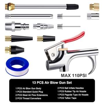 13 Pcs 2-Way Connection Air Nozzle Blow Gun Set, Air Nozzle Kit with 1/4 in Standard Quick Fitting and 8 Air Nozzles, Air Compressor Accessories for Air Inflation and Dedusting