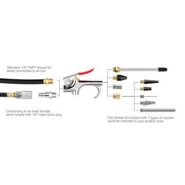 13 Pcs 2-Way Connection Air Nozzle Blow Gun Set, Air Nozzle Kit with 1/4 in Standard Quick Fitting and 8 Air Nozzles, Air Compressor Accessories for Air Inflation and Dedusting