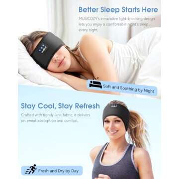 MUSICOZY Sleep Headphones Headband, Wireless Earbuds Earphones Sweat Resistant with Ultra-Thin HD St...