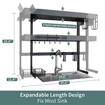 2023 Model，Over The Sink Dish Drying Rack 3-Tier Dish Drying Rack Over Sink Adjustable Length(26-37.5in), Stainless Steel Dish Drainer, Dishes Rack Kitchen Pots, pans, dishes and pots Organizer