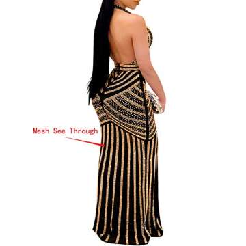 PORRCEY Women's Sexy Deep V Neck Backless Rhinestone Dresses Sexy Long Mermaid Evening Dress (3816,Gold,M)