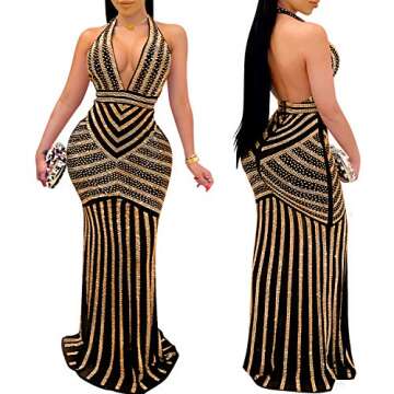 PORRCEY Women's Sexy Deep V Neck Backless Rhinestone Dresses Sexy Long Mermaid Evening Dress (3816,Gold,M)