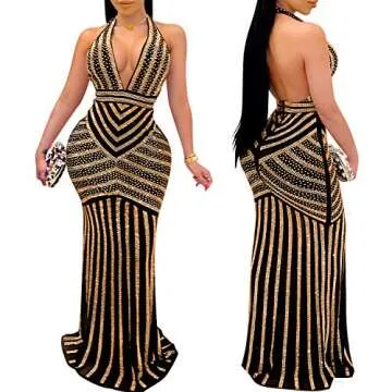 PORRCEY Women's Sexy Deep V Neck Backless Rhinestone Dresses Sexy Long Mermaid Evening Dress (3816,Gold,M)