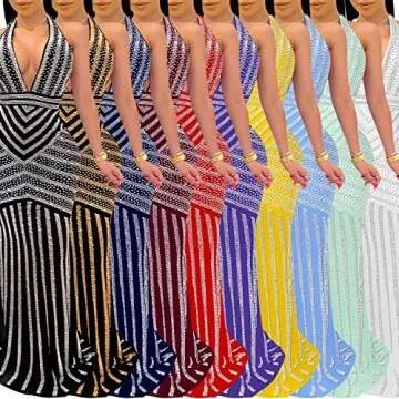 PORRCEY Women's Sexy Deep V Neck Backless Rhinestone Dresses Sexy Long Mermaid Evening Dress (3816,Gold,M)