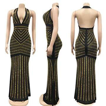 PORRCEY Women's Sexy Deep V Neck Backless Rhinestone Dresses Sexy Long Mermaid Evening Dress (3816,Gold,M)