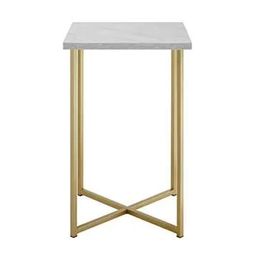 Walker Edison Modern Square Side End Accent Table Living Room Living Room Storage Small End Table, 16 Inch, Marble and Gold