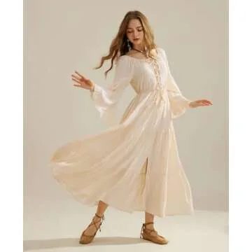 Scarlet Darkness Renaissance Dress for Women Peasant Pirate Dress Bell Sleeve Tiered Long Flowy Dress Apricot L