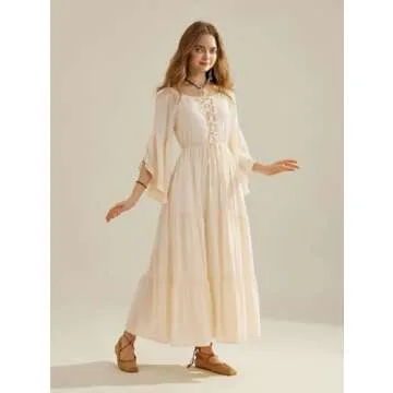 Scarlet Darkness Renaissance Dress for Women Peasant Pirate Dress Bell Sleeve Tiered Long Flowy Dress Apricot L