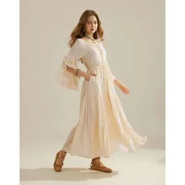 Scarlet Darkness Renaissance Dress for Women Peasant Pirate Dress Bell Sleeve Tiered Long Flowy Dress Apricot L