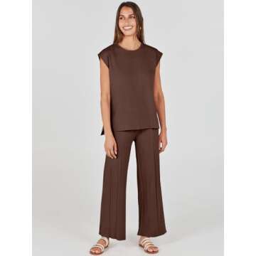 ANRABESS Women 2 Piece Outfits Casual Summer Sleeveless Tops Knit Pants Sweater Lounge Matching Sets 2025 Trendy Clothes Coffee Medium