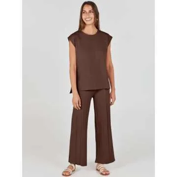 ANRABESS Women 2 Piece Outfits Casual Summer Sleeveless Tops Knit Pants Sweater Lounge Matching Sets 2025 Trendy Clothes Coffee Medium
