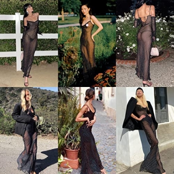 Women Mesh Sheer Spaghetti Strap Long Maxi Dress