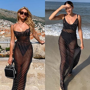 Women Mesh Sheer Spaghetti Strap Long Maxi Dress