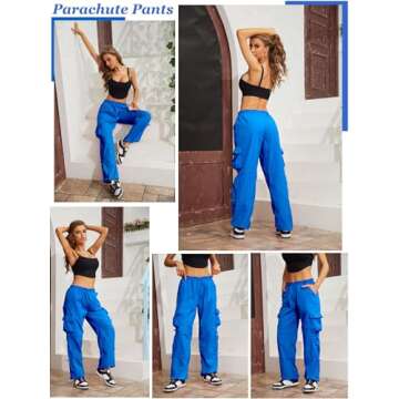 QYANGG Baggy Parachute Pants for Women& Girls Drawstring Elastic Low Waist Ruched Cargo Pants Multiple Pockets Jogger Y2K Royal Blue