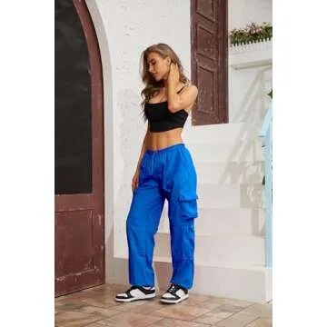 QYANGG Baggy Parachute Pants for Women& Girls Drawstring Elastic Low Waist Ruched Cargo Pants Multiple Pockets Jogger Y2K Royal Blue