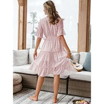 Miessial Women's Boho V Neck Floral Chiffon Dress Backless Beach Split Maxi Dress with Belt (Rose, 10-12)