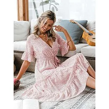 Miessial Women's Boho V Neck Floral Chiffon Dress Backless Beach Split Maxi Dress with Belt (Rose, 10-12)