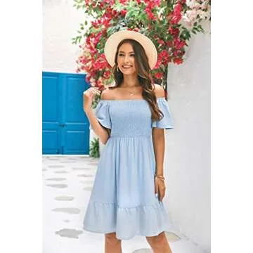 Niitawm Women's 2023 Summer Dresses Off Shoulder Short Sleeve Smocked Elastic High Waist A Line Beach Mini Dress Blue