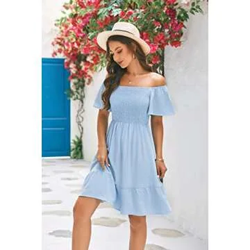 Niitawm Women's 2023 Summer Dresses Off Shoulder Short Sleeve Smocked Elastic High Waist A Line Beach Mini Dress Blue