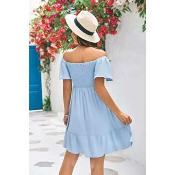 Niitawm Women's 2023 Summer Dresses Off Shoulder Short Sleeve Smocked Elastic High Waist A Line Beach Mini Dress Blue