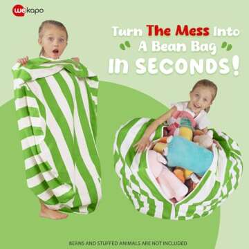 Wekapo Stuffed Animal Storage Bean Bag Chair Cover for Kids | Stuffable Zipper Beanbag for Organizing Children Plush Toys Large Premium Cotton Canvas (Green, X-Large)