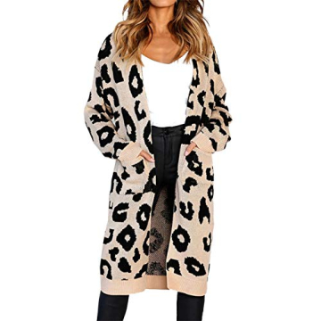 BTFBM Women Long Sleeve Open Front Leopard Knit Long Cardigan Casual Print Knitted Maxi Sweater Coat Outwear with Pockets
