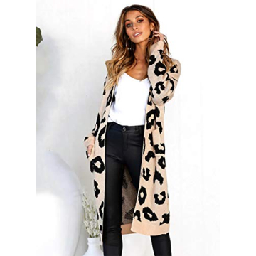 BTFBM Women Long Sleeve Open Front Leopard Knit Long Cardigan Casual Print Knitted Maxi Sweater Coat Outwear with Pockets