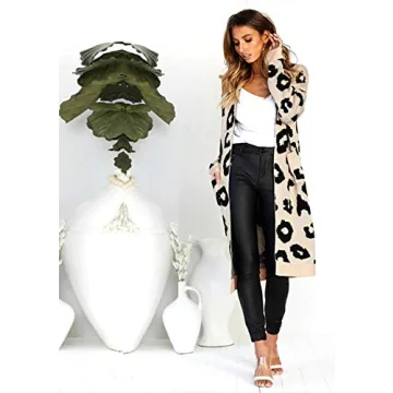 BTFBM Women Long Sleeve Open Front Leopard Knit Long Cardigan Casual Print Knitted Maxi Sweater Coat Outwear with Pockets