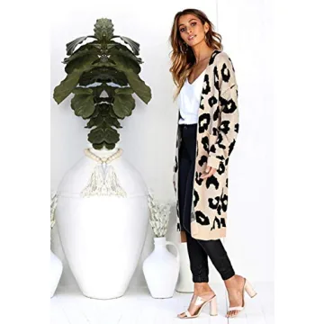 BTFBM Women Long Sleeve Open Front Leopard Knit Long Cardigan Casual Print Knitted Maxi Sweater Coat Outwear with Pockets